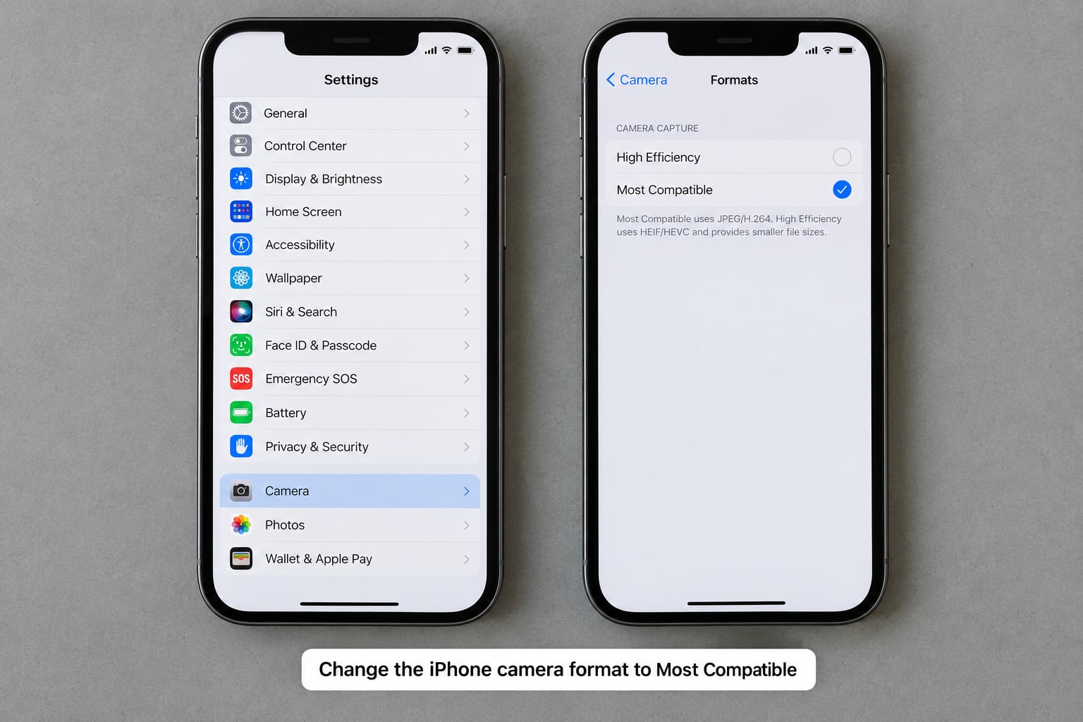 Change the iPhone camera format to Most Compatible